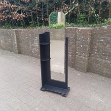 1920s Art Deco Oak Cheval Mirror Side Shelves Freestanding Distressed Black