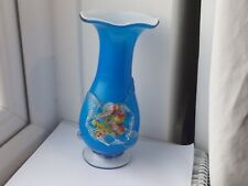 Glass Blue & White Plum Blossom Vase  20cm Lovely Condition Old Pontil On Base