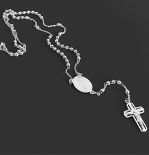 Sterling Silver Rosary Beads Virgin Mary Cross Chain Necklace 50cm + 6cm Boxed