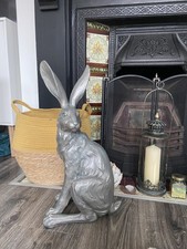 XL 52cm Sculptured Silver Resin Sitting Hare Rabbit Animal Statue Ornament