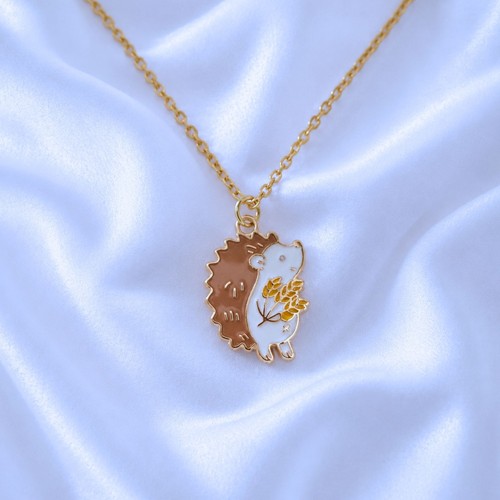 Gold hedgehog enamel necklace - gold,