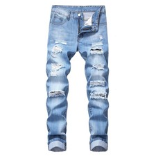 Mens Ripped Jeans Casual Straight Leg Stretch Denim Cotton Distressed Trousers
