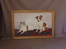 Original Art Painting - 2 Jack Russell's Sitting Tartan Rug - Framed  68x46 BIG