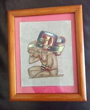 VTG Cultura Maya El Cargador Del Tiem-God Of Time-Framed Painting Art on Suede 