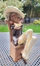 Rex Pottery Japan? Retro Boho Figure of Girl in Floppy Hat & Flares E485