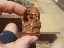 1a. Hand Carved wood netsuke 5 Turtles balancing boxwood collectable figure