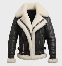 Men’s Black & White Aviator B3 Bomber Jacket Genuine Sheepskin Leather Fur Coat