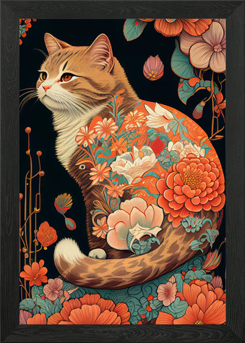 Japanese cat flower framed - cat,