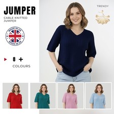 Ladies Cable Knit V Neck Jumper Short Sleeve Chunky Oversized Sweater Pullover
