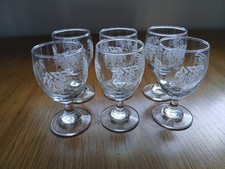 Set of Six Vintage Aperitif Glasses with Etched Floral Design