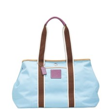 Coach Hamptons Weekend Tote Bag Shoulder Light Blue Brown Nylon Leather Women's 