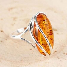 HONEY BALTIC AMBER LONG STERLING SILVER WRAP OVER RING