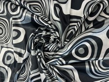 Monochrome Op Art Swirl Satin Fabric - Black White Psychedelic Print 145cm