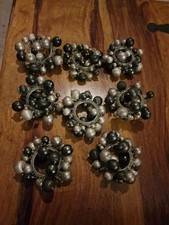 8 Vintage Napkin Rings Black & Silver Beaded Design Metal VGC