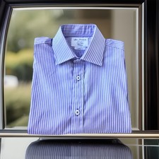 John Francomb Shirt 15” Fully Fitted White Double Cuffed Blue Stripes TM Lewin