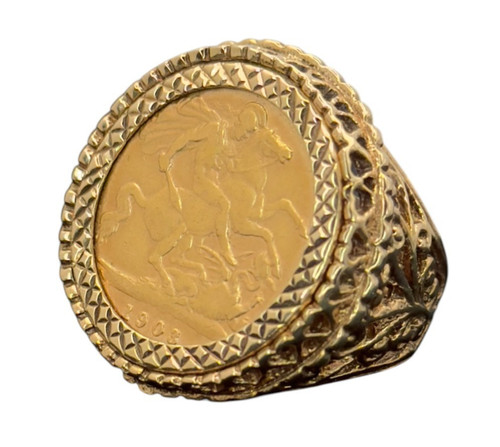 Gold ring half sovereign coin - gold,