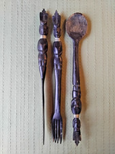 Hand-Carved Mahogany Wood Utensil Set (Spoon, Fork, Knife) Vintage African Art