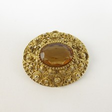 Gold Tone and Brown Faceted Glass Stone Oval Brooch Signed West 42mm Vintage