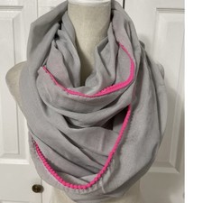 Hollister Lightweight Infinity Scarf Grey Damask Floral Border Bright Pink Trim