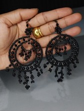 Large Black​ Open Circle Beaded, Fringe Statement Earrings, Boho