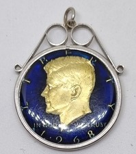Vintage 1968 Coloured enameled half dollar Coin Pendant In Mount