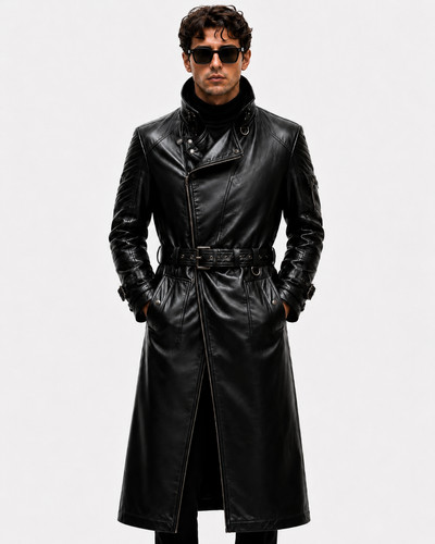 Mens black leather trench long - mens,
