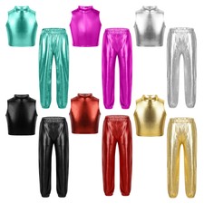 UK Kids Girls Hip Hop Jazz Dance Outfits Shiny Metallic Vest with Sweatpants Set
