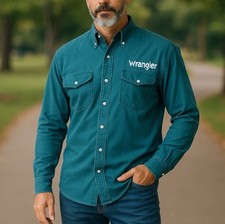 Vintage WRANGLER Button Down Shirt Men S Green Western Authentic Rodeo Cowboy