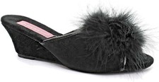 Womens Wedge Mules Slippers Dunlop Feather Pom Pom Faux Suede Dress Heel Black