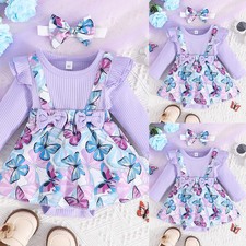 Newborn Baby Girl Ribbed Floral Butterfly Romper Dress Ruffle Outfit Set Clothes