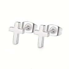 Silver Cross Christian Religious Stainless Steel Stud Earrings Women Mens Gift