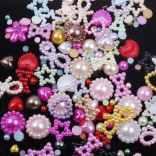 50 Mixed Cabochons Bow Heart Stars Flat Back Pearls Cute Kawaii Face Gems Beads