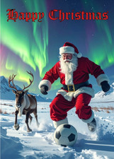 SANTA PLAYING FOOTBALL CHRISTMAS CARD WITH FATHER XMAS & REINDEER PLAYING FOOTY