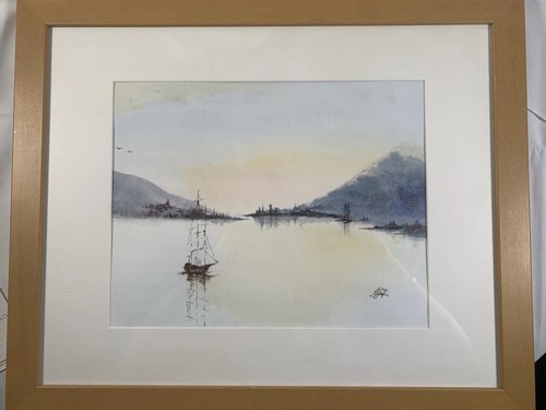 Signed vintage coastal harbour - signed,
