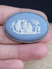 Vintage Hallmarked Silver Blue Jasperware Cameo Brooch. Sterling 