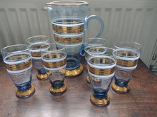 Stunning Vintage Retro Jug and 6 Lemonade Glasses Blue & Gold Banded EXC