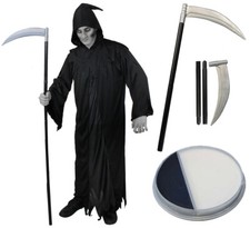 GRIM REAPER COSTUME ADULTS DEATH GHOUL HALLOWEEN FANCY DRESS SCYTHE FACEPAINT