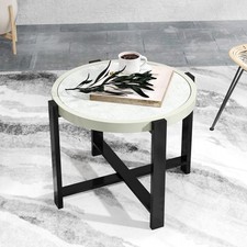 Round Small Garden Table with Faux Marble Glass Top, Light Grey