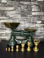 Vintage Cast Iron Balance Scales with Full Brass Weight Set – Green & Brass
