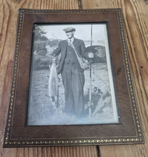 Vintage Leather framed photograph salmon Fly fisherman Black & white