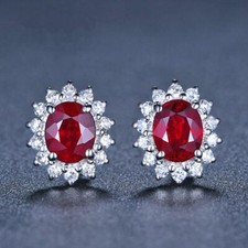 925 Sterling Silver Crystal Red Gemstone Stud Earrings Jewellery Women Gift