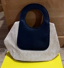 New Ladies -Straw Hessian Raffia- Faux Leather Handle Popper Side Lined-Tote Bag