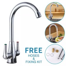 Modern Kitchen Sink Mixer Taps Swivel Spout Twin Lever Tap Mono Chrome Faucet