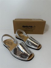Avarca Leather Sandals Silver Black Flat Sole Sling Back Spanish Made UK 3 - NEW