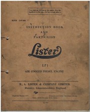 LISTER LP1 INDUSTRIAL DIESEL ENGINE ORIG. 1965 INSTRUCTION MANUAL & PARTS LIST