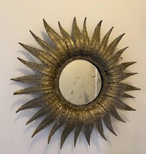 Antique Italian Metal Leaf Motif Large Sunburst Mirror 1950s