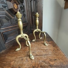 Vintage Solid Brass Fire Dogs Pair Fireplace Tools 10" Height