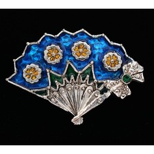 Danecraft Vintage Folding Fan Pin Brooch Blue Enamel Silver Signed NOS BinA16