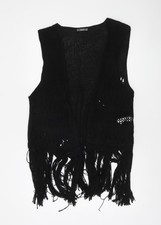 South Women's Black Open Knit Fringe Vest Medium Boho Style