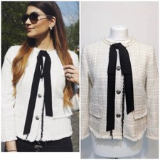 Zara Cream Bow Boucle Short Textured Tweed Blazer Jacket Size M See Description